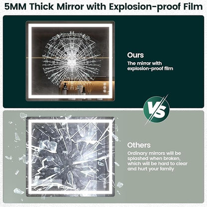 36"x 40" Bathroom Mirror with Lights, LED Mirror for Bathroom with Stepless 3 Colors Temperature & Dimmable Memory Anti-Fog Tempered Glass Mirror