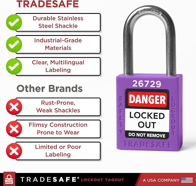 TRADESAFE Lockout Tagout Locks Set - 10 Purple Keyed Alike Padlocks, 2 Keys Per Lock, OSHA Compliant Loto Locks for Lock Out Tag Out Stations, Premium Grade