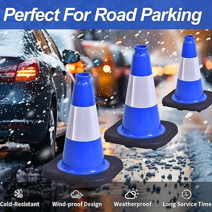 BESEA 4Pack 12 Inch Blue Traffic Cones with 4 Inch Reflective Collar, Heavy Duty PVC Safety Cones with 8.5 x 8.5 Inch Base for Parking, Driving Practice, Sports Training, and Construction