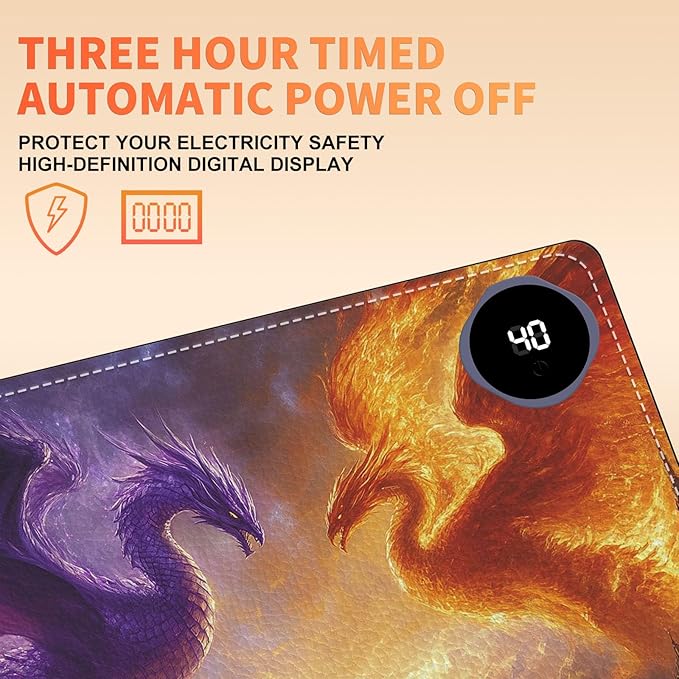 Heated Mouse Pad 23.6 x 14 in 3-Temp Fast Heating Desk Mat with Auto Timer Warmer for Hands Wrist Pain Relief Waterproof Keyboard Mat for Office, Gaming, Home, Dragon Battle Art