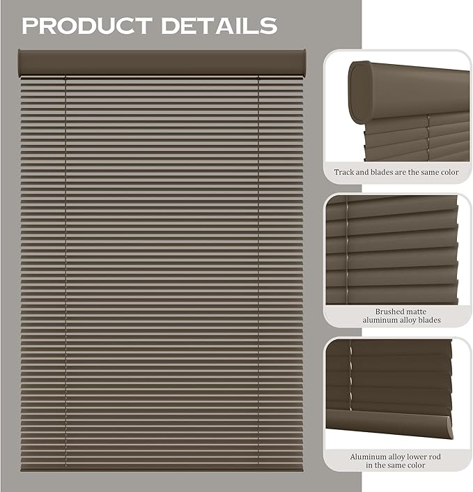 Motorized Cordless Aluminum Blinds with Remote, Automatic Room Darkening Horizontal Blinds for Indoor Windows, Light Adjustment Waterproof Blinds, Customized for Home Office, Brown