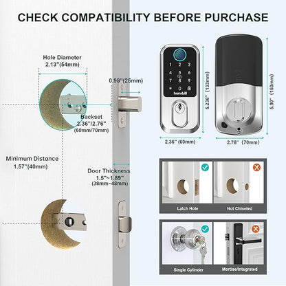 Hornbill WiFi Smart Lock Deadbolt, Keyless Entry Front Door Lock, Fingerprint Electronic Deadbolt Compatible with Alexa, Touchscreen Keypad Code Unlock for Home Office Hotel