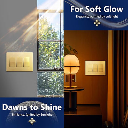 LIDER Matte Finish Decorator Switch Cover, Screwless Wall Plate, Mid-Size 3-Gang 4.88" x 6.77", Unbreakable Polycarbonate Thermoplastic, UL Listed, LSWP-33M-GD, Gold