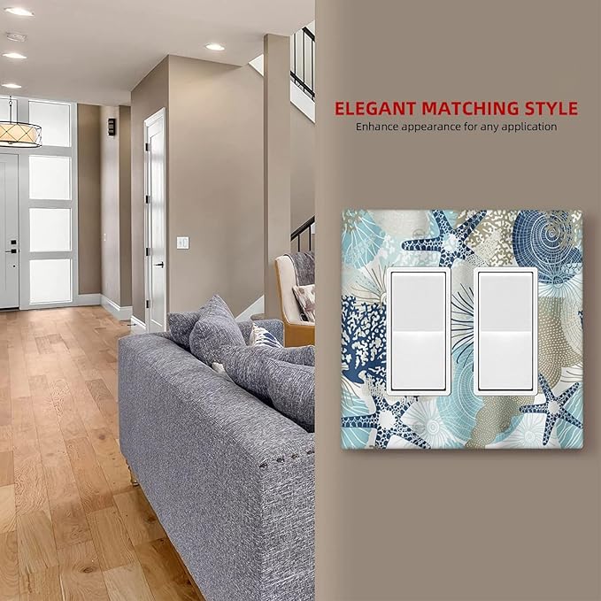 Decorative Outlet Covers Blue Starfish Brown Coral Ocean 2 Gang Light Switch Cover Plate Double Rocker Wall Plates for Electrical Outlets Switch Plate Covers for Girlroom Home Decor