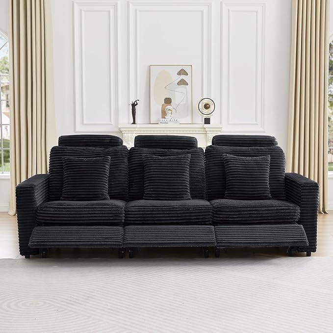 LEVNARY 3-Seater Modular Reclining Sofa, Faux Rabbit Fur Power Recliner Couch with 3 Electric Seats, 3 Pillows & Side Pockets, Adjustable Back & Footrest, Living Room Furniture (Black)