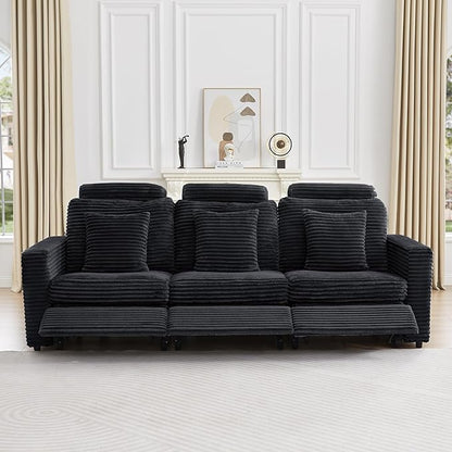 LEVNARY 3-Seater Modular Reclining Sofa, Faux Rabbit Fur Power Recliner Couch with 3 Electric Seats, 3 Pillows & Side Pockets, Adjustable Back & Footrest, Living Room Furniture (Black)