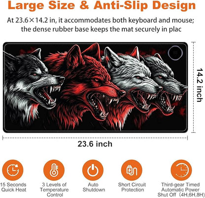 Small Heated Desk Pad 23.6" x 14.2" – Compact Electric Mouse Pad with 3 Heating Levels, Auto Shut-Off, Waterproof PU Surface, Plug-in Warmer for Office or Home Use, Four Wolves