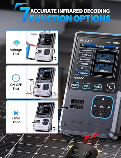 FNIRSI DSO-TC4 Handheld Oscilloscope, 10MHz Bandwidth 48MSa/s Sampling Rate Transistor Tester Digital Oscilloscope DDS Signal Generator 3 in 1, Voltage Continuity Zener Diode Triode Component Tester