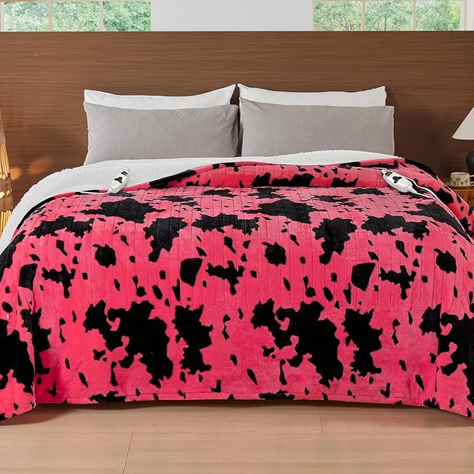 Cow Print Electric Heated Blanket Queen Size,84X90 Pink Heating Blanket Queen with Dual Control&Timer&10 Heat Levels,Highland Cow Decor Fleece Sherpa Blankets Warmer Gifts for Bed Women Adults