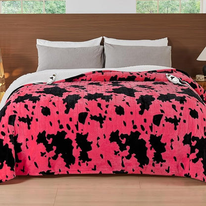 Cow Print Electric Heated Blanket Queen Size,84X90 Pink Heating Blanket Queen with Dual Control&Timer&10 Heat Levels,Highland Cow Decor Fleece Sherpa Blankets Warmer Gifts for Bed Women Adults