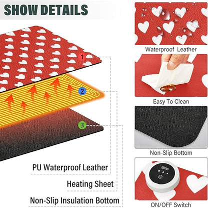 Heated Desk Pad Mouse Pad 31.5x13 Inch PU Leather Desk Mat with 3 Heat Levels Large Mouse Gaming Computer Laptop Mat Red Heart Valentine
