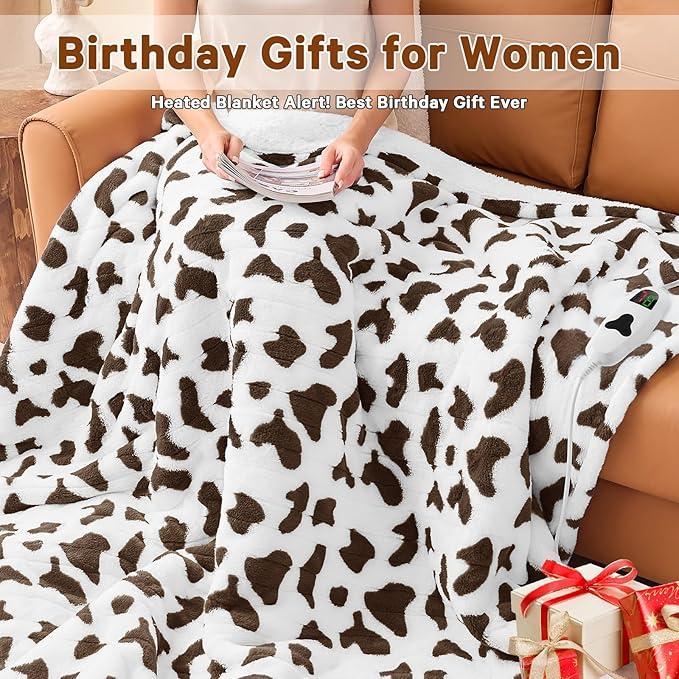 Cow Print Heated Electric Blanket Twin,62X84 Brown Heating Blanket with 10 Heats Levels & 8 Hours Auto Off,Cute Cow Decor Fleece Sherpa Blankets Warmer Gifts for Women Couch Office,Washable