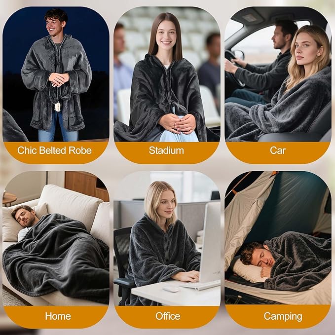 Large Portable Heated Blanket 71" × 43", Includes 2 Portable 20000mAh 7.4V Power Banks, 11 Heating Zones, 3 Heat Settings, 1–6H Timer, Machine Washable, with Laundry Bag, Waist Belt & Backpack