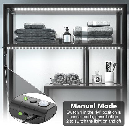 WOBANE Motion Sensor Closet Strip Lights, Rechargeable Motion Activated Light, Battery Powered 6.56ft LED Strip, 60 LEDs Homelife Bar for Wardrobe,Stair,Pantry,Counter,Cabinet,Bed,6000K White,Black