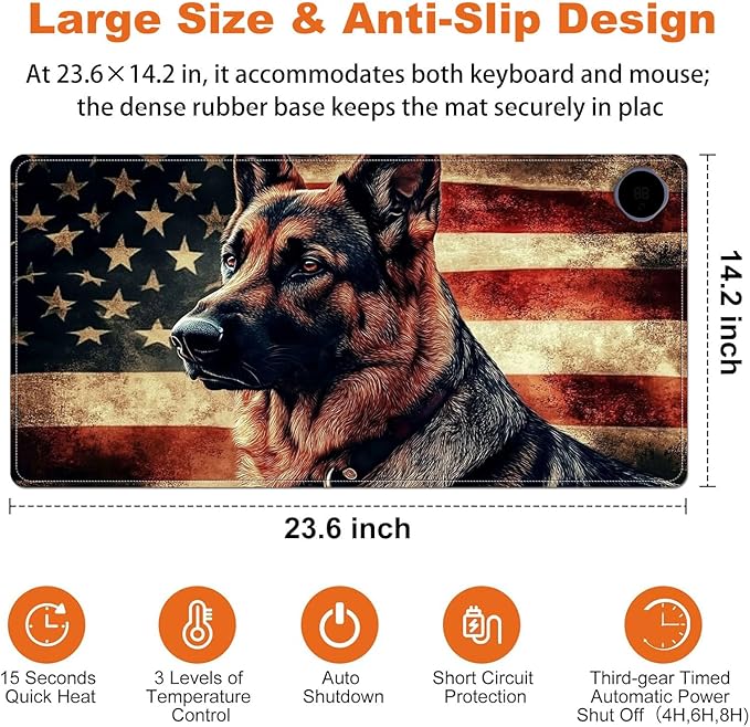Small Heated Desk Pad 23.6" x 14.2" – Compact Electric Mouse Pad with 3 Heating Levels, Auto Shut-Off, Waterproof PU Surface, Plug-in Warmer for Office or Home Use, German Shepherd