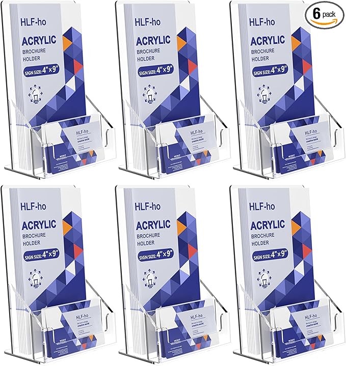 Brochure Holder 4x9 Inch Acrylic Literature Holders Clear Flyer Display Stand with Removable Business Card Slot Pamphlet Holder Organizer for Office, Lobby, Hotels, Trade Shows, 6 Pack