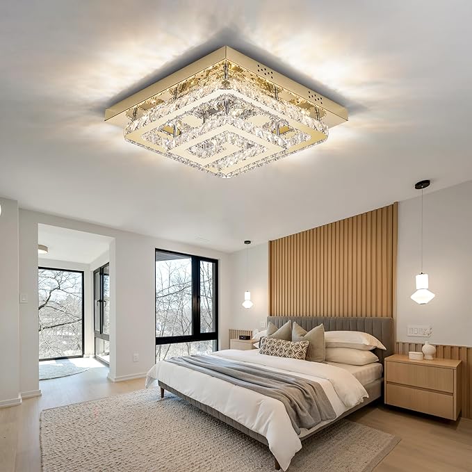 25" Modern Gold Crystal Chandelier with Remote/APP Control, Dimmable Flush Mount Ceiling Light Fixture, 3-Color Temperature,Led Ceiling Lamp for LivingRoom Bedroom Kitchen DiningRoom Entryway