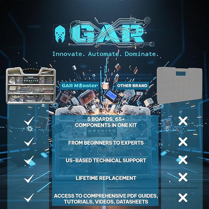 GAR Monster Starter Kit for Arduino - Robotics & IoT Development| Comprehensive 5-Board Set: Uno R3, Mega 2560, Nano V3, ESP32 WiFi+BT, ESP8266 NodeMCU | 25 Sensors, Tutorials & Organizer Toolbox