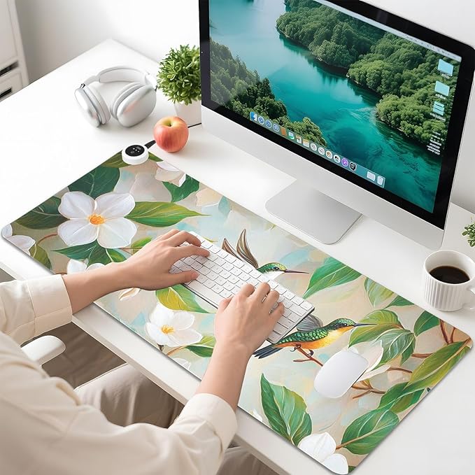 Heated Desk Pad Mouse Pad 31.5x13 Inch PU Leather Desk Mat with 3 Heat Levels Large Mouse Gaming Computer Laptop Mat Jasmine Flowers Green Leaves and Hummingbird