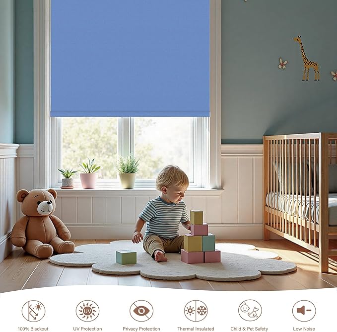 Motorized Roller Blinds with Remote, 100% Blackout Automatic Roller Shades for Bedroom, Bathroom, and Living Room, Customized Size, Deep Sky Blue