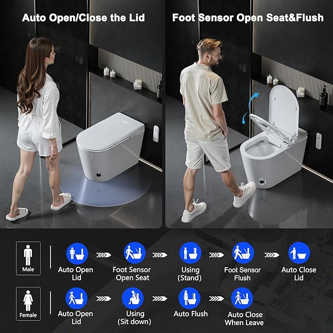 TDH Smart Toilet with Foam Shield, Ambient Lighting & Blackout Flush,Tankless Toilet Heated Seat for Bathrooms, Multiple Cleaning Modes,Round Toilet Seat