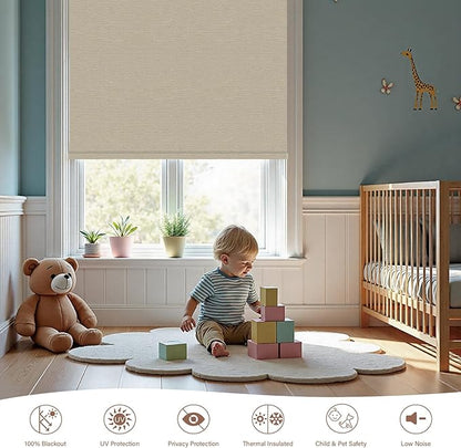 Motorized Roller Blinds with Remote, 100% Blackout Automatic Roller Shades for Bedroom, Bathroom, and Living Room, Customized Size, Golden Autumn Beige
