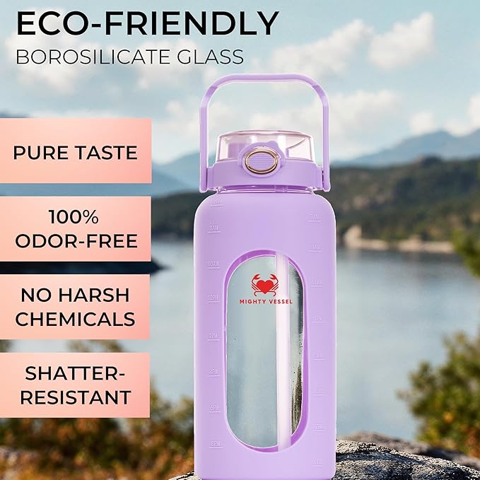 64 oz Glass Water Bottle – Lavender | Leakproof Half Gallon Glass Jug with Straw, Silicone Sleeve & Time Marker – Travel, Gym, Pregnancy, Daily Water Goals
