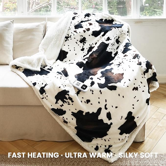 Cow Print Heated Throw Blanket Electric Blanket-Heating Blanket Throw with 10 Heat Levels & 10 Hours Auto Off, Cozy Soft Fleece Sherpa, Washable, 50 x 60 Inches Cow Print White
