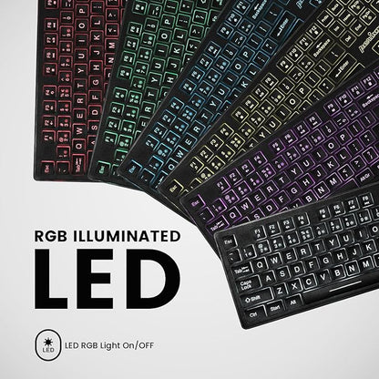 Perixx PERIBOARD-317RGB Wired Backlit USB Keyboard - Big Print Letter with RGB Illuminated LED - US English Layout