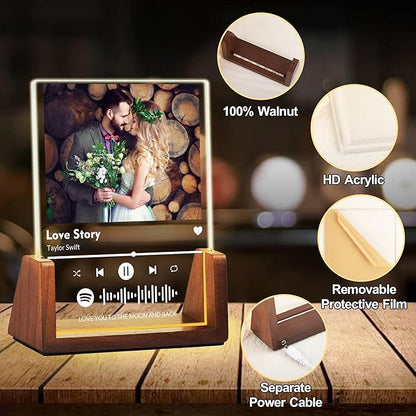 Personalized Couple Gifts For Boyfriend Girlfriend Him Her Husband Wife, Custom Acrylic Spotify Plaque With Photo Name, Customized Light Up Picture Frame For Anniversary Birthday Christmas Gifts