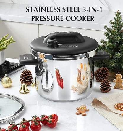 KOCH SYSTEME CS Pressure Cooker Stainless Steel, 6.3 QT Olla de Presion, Easy One-Press Lock, 3 PSI Settings Pressure Cooker, Save 70% Time, Gas & Induction Compatible, Glass Lid & Steamer Rack