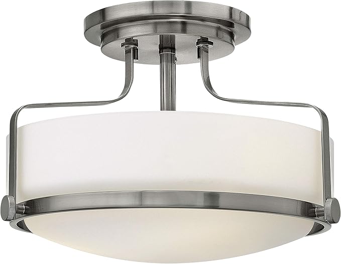 Hinkley Harper 3641BN Medium Semi-Flush Mount Ceiling Light - Sleek, Retro Style - Brushed Nickel + Etched Opal Glass