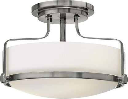 Hinkley Harper 3641BN Medium Semi-Flush Mount Ceiling Light - Sleek, Retro Style - Brushed Nickel + Etched Opal Glass