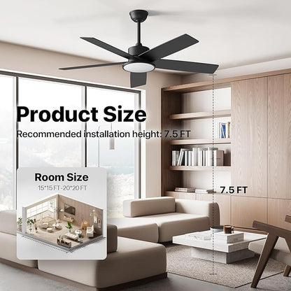 Ensenior 52 Inch Smart Ceiling Fans with Lights and Remote Control via Alexa Google Voice App, Reversible DC Motor 6 Speeds, 3000K-6000K Dimmable LED Black Bedroom Ceiling Fan with Lights - 5 Blades