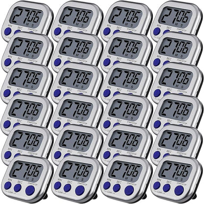 Leumoi 24 Pcs Digital Kitchen Timers Magnetic Back Timers Bulk Large Screen Loud Alarm On/Off Switch Minute Second Count up Countdown Memory Setting for Cooking Classroom Exercise (Sliver and Blue)