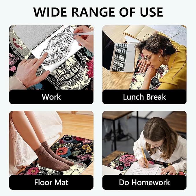 Heated Mouse Pad with 3 Levels Heated & 3 Hours Auto Shut-Off Mouse Pad for Warming Hands in Office Home, 31.5" x 13"Large Safe Desk Mat Hand Warmer，Skull in Flowers