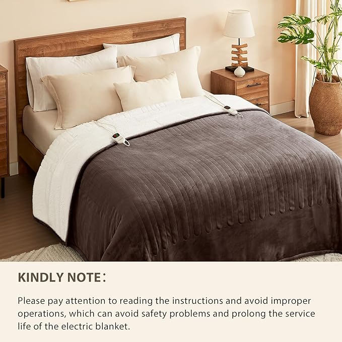 Homemate Electric Heated Blanket Twin - 62"x84" Heating Bed Blankets Throw with 10 Heating Levels 8 Hours Auto Off Fast Heating Over-Heated Protection Ultra Soft Warm Flannel ETL Certified Brown