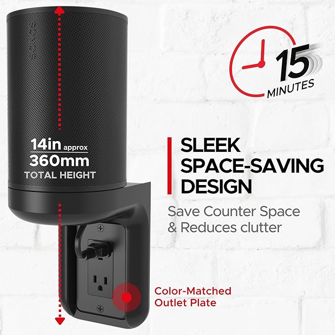 Sound Bass ERA100 Shelf Wall Outlet AC, Black, Home, Compatible with Sonos ERA 100, Plug Mount Organizer, Bathroom, Kitchen, Bedrooms, Cord Management, Easy Installation, Mounting Kit Included