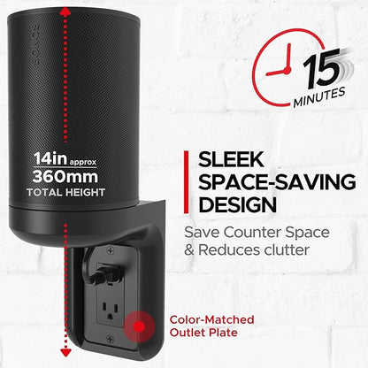 Sound Bass ERA100 Shelf Wall Outlet AC, Black, Home, Compatible with Sonos ERA 100, Plug Mount Organizer, Bathroom, Kitchen, Bedrooms, Cord Management, Easy Installation, Mounting Kit Included