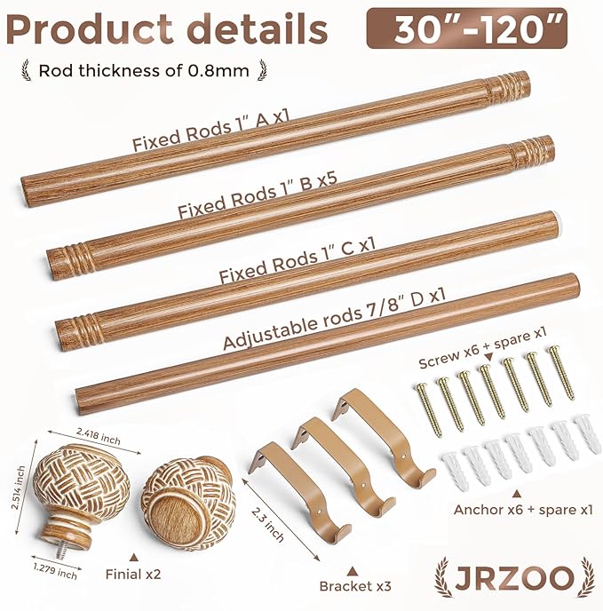 Wood Curtain Rods for Windows 66 to 120 Inches, Decorative 1'' Diameter Heavy Duty Adjustable Rustic Farmhouse Drapery Pole with Boho Imitation Wooden Grain Finials, Size: 30''-120'', Brown