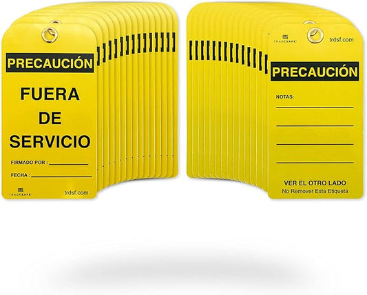 TRADESAFE Spanish Out of Service Tags, Fuera de Servicio - 30 Yellow Caution Sign with 30 Cable Ties, Durable 32 mil Vinyl, Caution Tags for Equipment Repair or Service, Accident Prevention