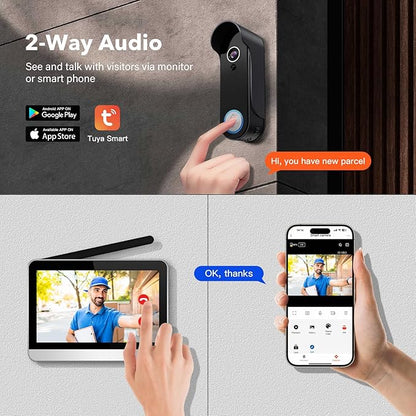 Wireless Doorbell Camera with Monitor Video Door Phone Intercom System 1080P 7'' Touch Screen Two-Way Audio Smart Door Bell with Night Vision, Motion Detection, No Monthly Fees, Tuya APP