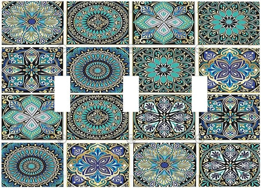 Decorative Switch Plates Mandala Decorative Rustic Vintage Turquoise Pattern 3 Gang Wall Plate Triple Toggle Light Switch Cover Faceplate Electrical Wall Panels for Bedroom Bathroom
