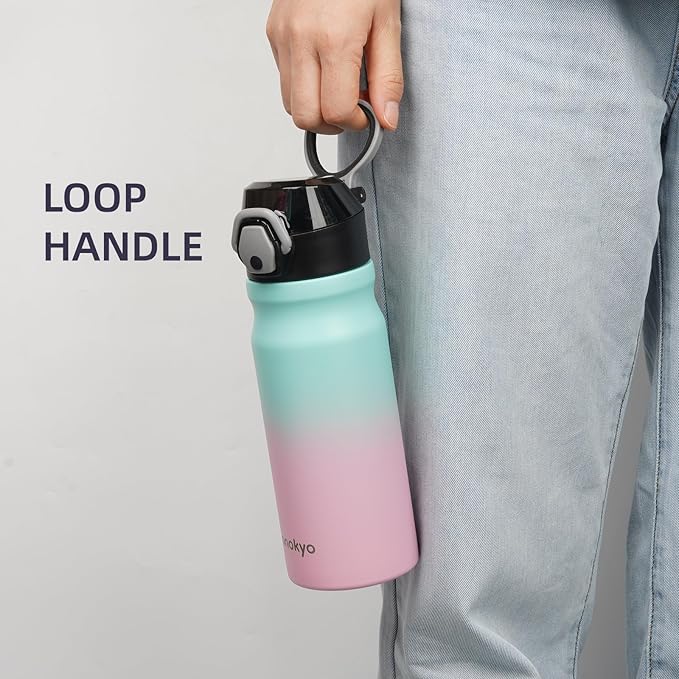 Insulated Water Bottle with Straw and Carry Loop,18 oz Stainless Steel Double Wall Vaccum Metal Water Flask with Leak-proof Lid,Gum