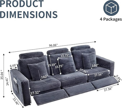 LEVNARY 3-Seater Modular Reclining Sofa, Faux Rabbit Fur Power Recliner Couch with 3 Electric Seats, 3 Pillows & Side Pockets, Adjustable Back & Footrest, Living Room Furniture (Gray)