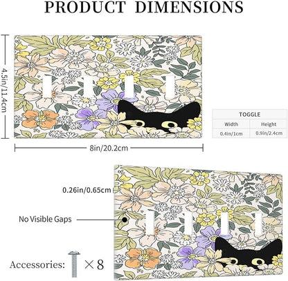 Decorative Light Switch Plate Covers Cute Black Cat in a Flower Patch Botanical Garden 4 Gang Artistic Wall Plate Unique Quad Toggle Light Switch Covers for Bedroom Home Decor