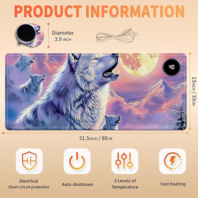 Heated Mouse Pad, Warm Desk Pad, Keyboard Mat 31.5 x 13 Inch Large Size Intelligent Fast Heating, 3 Speed Adjustable, Timed Auto Power Off for Game Office Home,Wolf Howling Under The Moon