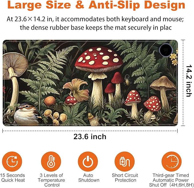 Small Heated Desk Pad 23.6" x 14.2" – Compact Electric Mouse Pad with 3 Heating Levels, Auto Shut-Off, Waterproof PU Surface, Plug-in Warmer for Office or Home Use, Forest Mushrooms