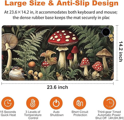 Small Heated Desk Pad 23.6" x 14.2" – Compact Electric Mouse Pad with 3 Heating Levels, Auto Shut-Off, Waterproof PU Surface, Plug-in Warmer for Office or Home Use, Forest Mushrooms