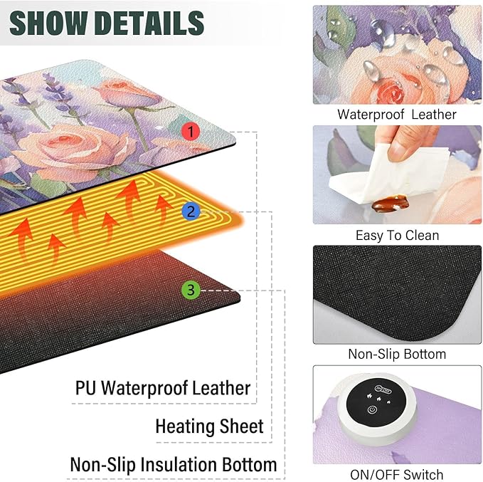 Large Heated Mouse Pad,Leather Desk Mat,31.5"x13",Hand Warmer Pads for Desk,Lavender Rose(Morandi)